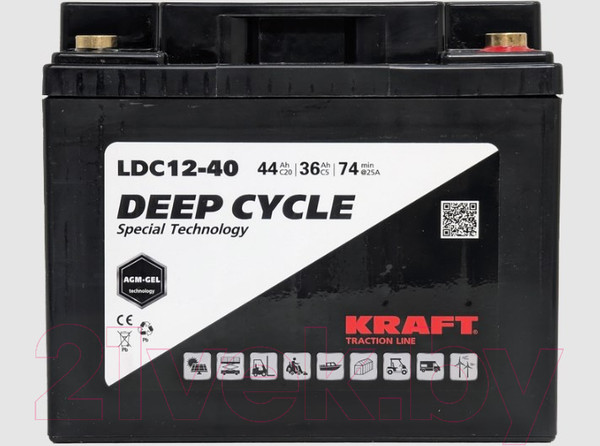 Изображение товара Аккумулятор лодочный KrafT 12V-44Ah C20 L тяговая / LDC12-40