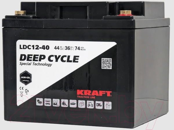 Изображение товара Аккумулятор лодочный KrafT 12V-44Ah C20 L тяговая / LDC12-40