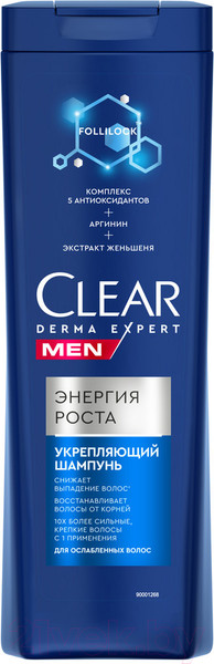 Изображение товара Шампунь для волос Clear Men Derma Expert Укрепляющий Энергия роста (380мл)