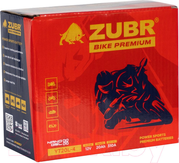 Изображение товара Мотоаккумулятор Zubr Bike Premium R+ / YT20L-4 (20 А/ч)