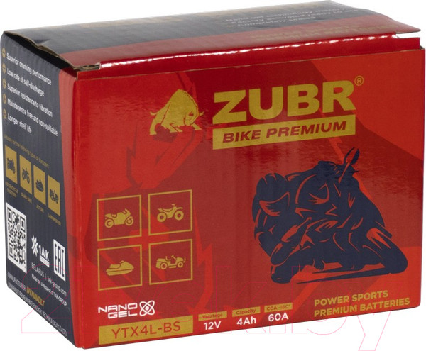 Изображение товара Мотоаккумулятор Zubr Bike Premium R+ / YTX4L-BS (4 А/ч)