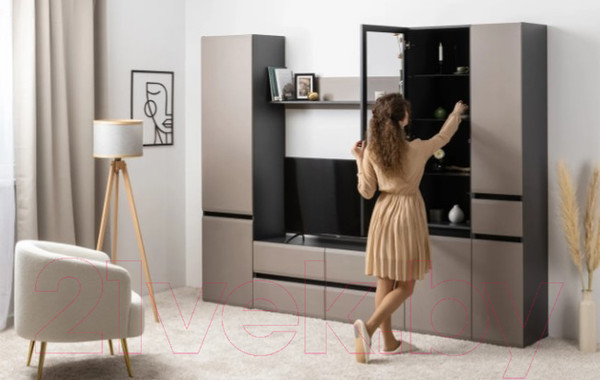 Изображение товара Шкаф-пенал с витриной Mobi Сидней 13.201 (антрацит 0164/антрацит 0164/веллюто Капучино AG 707 ПВХ)