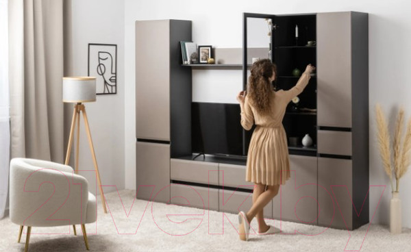 Изображение товара Шкаф-пенал с витриной Mobi Сидней 13.201 (антрацит 0164/антрацит 0164/веллюто Капучино AG 707 ПВХ)