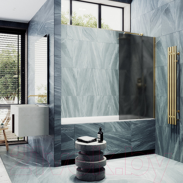 Изображение товара Стеклянная шторка для ванны MaybahGlass MGV-86-3ш (графитовое стекло/золотой)