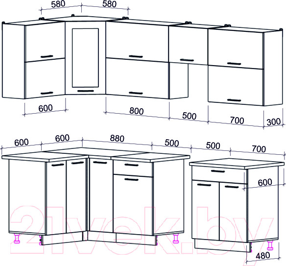 Изображение товара Кухонный гарнитур Интерлиния Мила Gloss 50-12x26 (белый глянец/пепел/травертин серый)