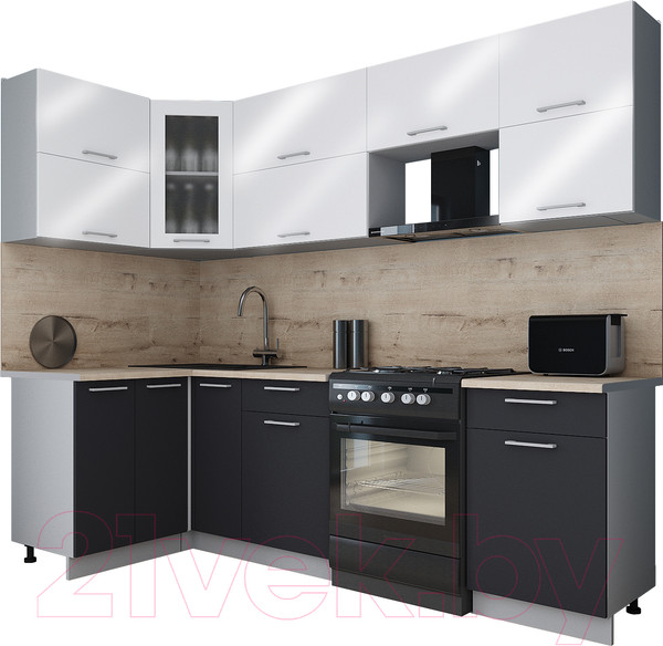 Изображение товара Кухонный гарнитур Интерлиния Мила Gloss 50-12x26 (белый глянец/пепел/травертин серый)