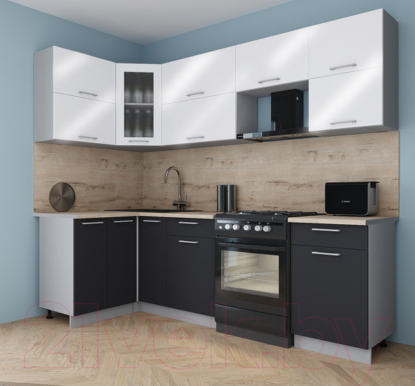Изображение товара Кухонный гарнитур Интерлиния Мила Gloss 50-12x26 (белый глянец/пепел/травертин серый)