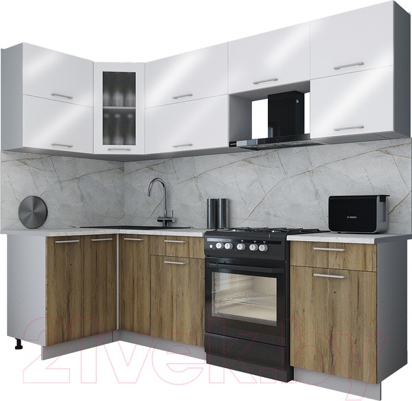 Изображение товара Кухонный гарнитур Интерлиния Мила Gloss 50-12x26 (белый глянец/дуб вотан/травертин серый)