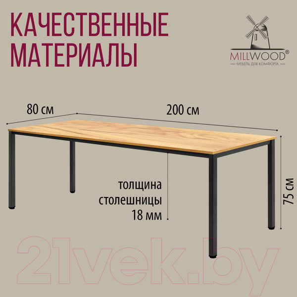 Изображение товара Обеденный стол Millwood Сеул 200x80x75 (дуб золотой Craft/металл черный)