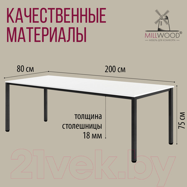 Изображение товара Обеденный стол Millwood Сеул 200x80x75 (белый/металл черный)