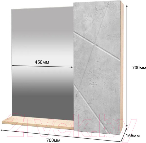 Изображение товара Шкаф с зеркалом для ванной Doratiz Фьорд 70 R / 2711.159 (дуб бунратти/цемент)