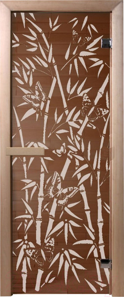 Изображение товара Стеклянная дверь для бани/сауны Doorwood Бамбук и бабочки 70x190 / DW01216 (бронза, коробка хвоя)