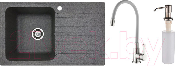 Изображение товара Мойка кухонная со смесителем БелЭворс Styl L + смеситель L74004-9 + дозатор L405-1 (серый/сатин)