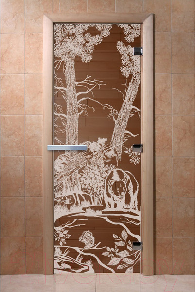 Изображение товара Стеклянная дверь для бани/сауны Doorwood Мишки в лесу 70x190 / DW01687 (бронза, коробка хвоя)