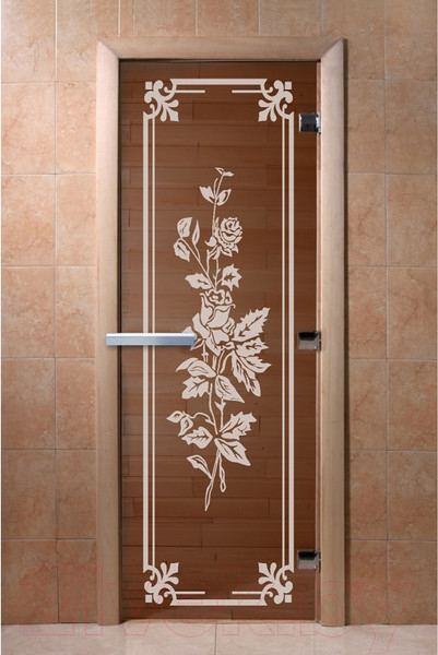 Изображение товара Стеклянная дверь для бани/сауны Doorwood Розы 70x190 / DW01222 (бронза, коробка хвоя)