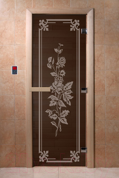 Изображение товара Стеклянная дверь для бани/сауны Doorwood Розы 70x190 / DW03643 (графит, коробка хвоя)