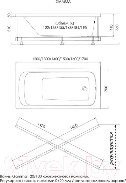 Изображение товара Ванна акриловая 1AcReal Gamma 150x70 (с ножками, сифоном и экраном)