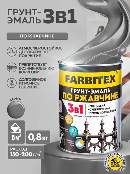 Изображение товара Грунт-эмаль Farbitex По ржавчине 3в1 (800г, серый)