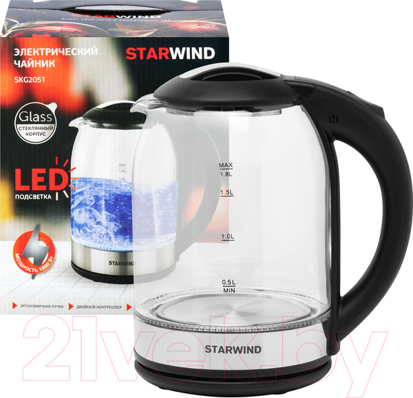 Изображение товара Электрочайник StarWind SKG2051  (черный/серебристый)