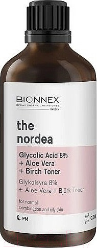 Изображение товара Тонер для лица Bionnex The Nordea Гликолевая кислота 8% + Алоэ +Экстракт листьев березы (100мл)