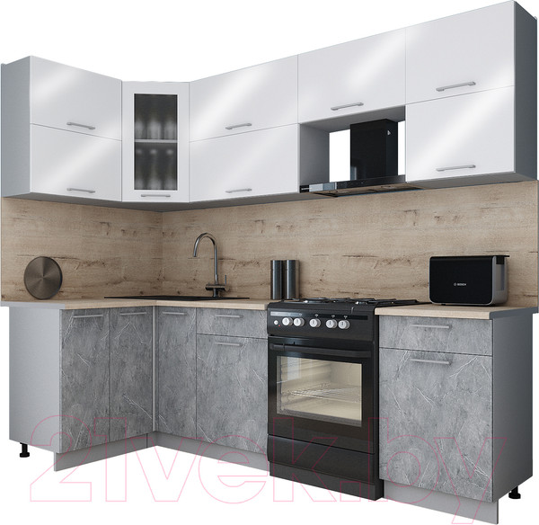Изображение товара Кухонный гарнитур Интерлиния Мила Gloss 50-12x26 (белый глянец/керамика/травертин серый)
