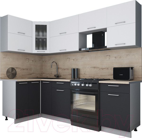 Изображение товара Кухонный гарнитур Интерлиния Мила Gloss 50-12x26 (белый/пепел/травертин серый)
