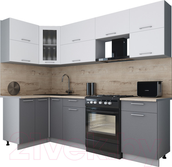 Изображение товара Кухонный гарнитур Интерлиния Мила Gloss 50-12x26 (белый/серый/травертин серый)