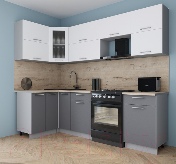 Изображение товара Кухонный гарнитур Интерлиния Мила Gloss 50-12x26 (белый/серый/травертин серый)