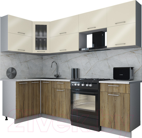 Изображение товара Кухонный гарнитур Интерлиния Мила Gloss 50-12x26 (ваниль глянец/дуб вотан/травертин серый)