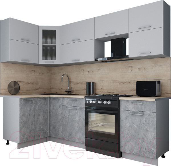Изображение товара Кухонный гарнитур Интерлиния Мила Gloss 50-12x26 (грей/керамика/травертин серый)