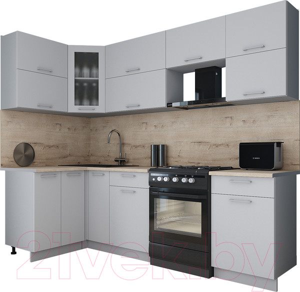 Изображение товара Кухонный гарнитур Интерлиния Мила Gloss 50-12x26 (грей/грей/травертин серый)