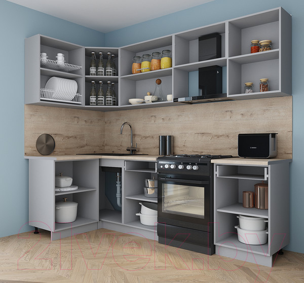 Изображение товара Кухонный гарнитур Интерлиния Мила Gloss 50-12x26 (серый/серый/травертин серый)