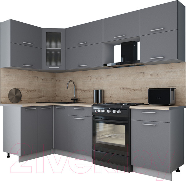 Изображение товара Кухонный гарнитур Интерлиния Мила Gloss 50-12x26 (серый/серый/травертин серый)