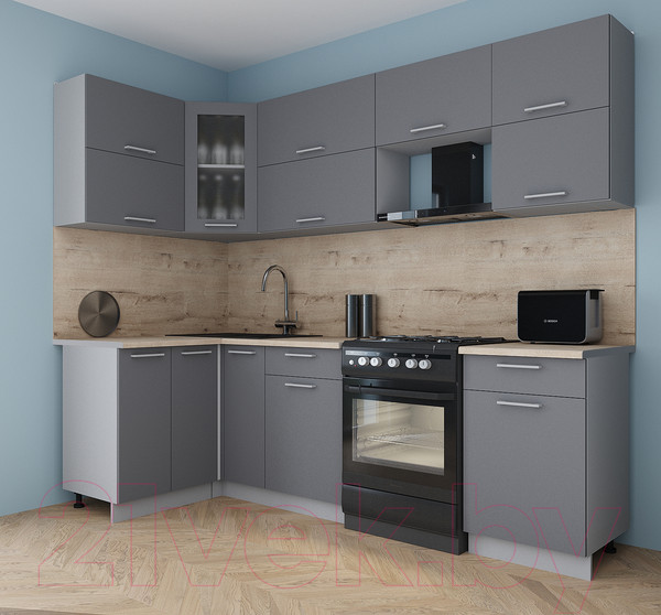 Изображение товара Кухонный гарнитур Интерлиния Мила Gloss 50-12x26 (серый/серый/травертин серый)