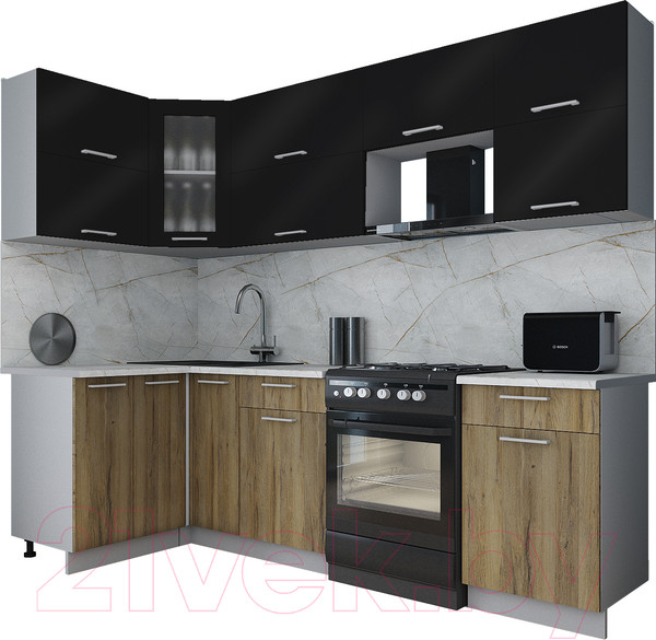 Изображение товара Кухонный гарнитур Интерлиния Мила Gloss 50-12x26 (черный глянец/дуб вотан/травертин серый)