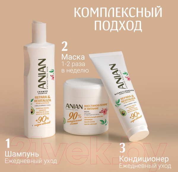 Изображение товара Шампунь для волос Anian Восстанавливающий для поврежденных сухих волос (400мл)
