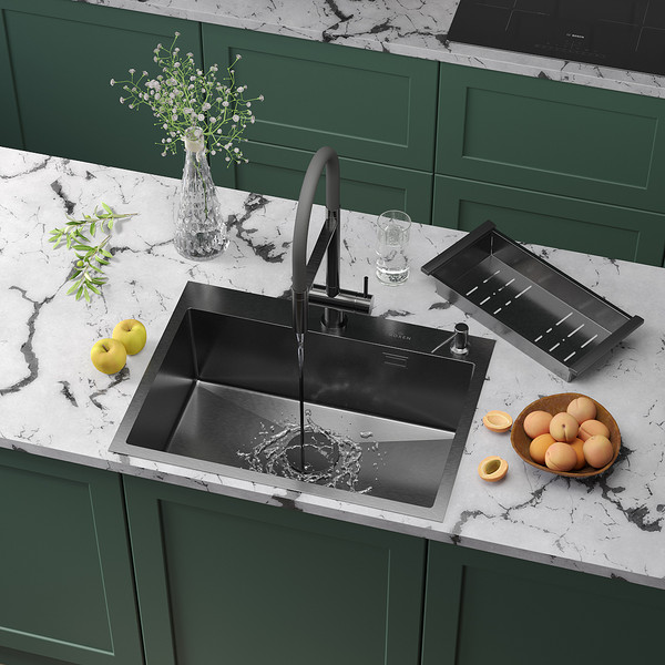 Изображение товара Мойка кухонная Roxen Simple 560220-65B PVD с коландером и дозатором (графит)