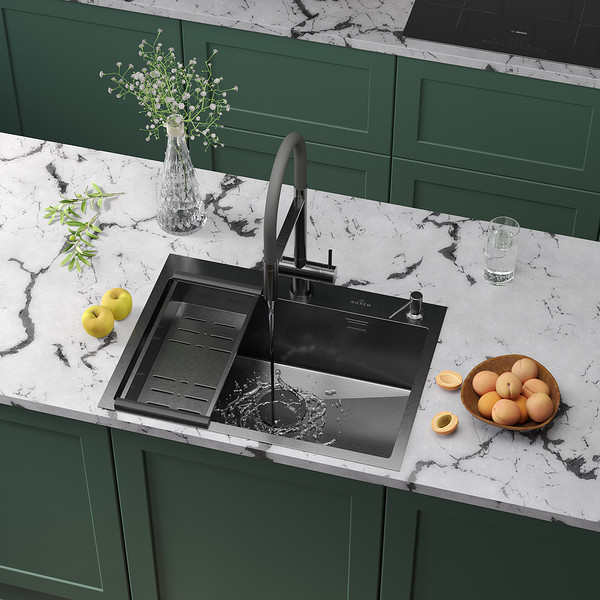 Изображение товара Мойка кухонная Roxen Simple 560220-65B PVD с коландером и дозатором (графит)