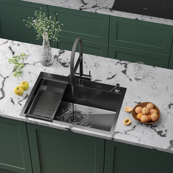 Изображение товара Мойка кухонная Roxen Simple 560220-70B PVD с коландером и дозатором (графит)