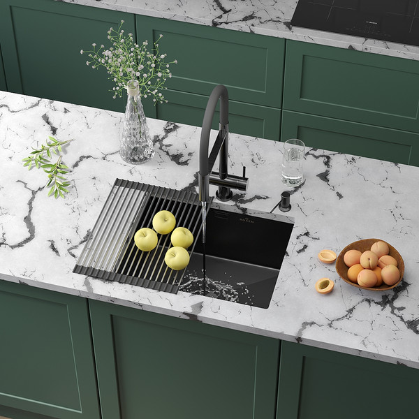 Изображение товара Мойка кухонная Roxen Uno 560210-54B PVD под столешницу с ролл-матом и дозатором (графит)