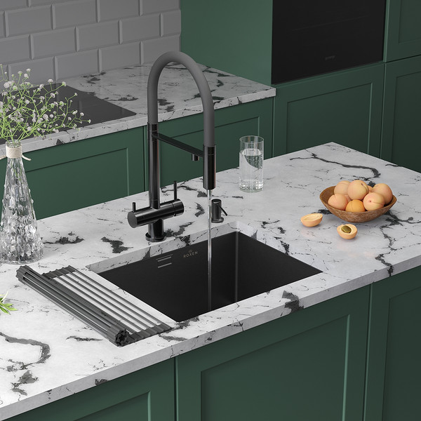 Изображение товара Мойка кухонная Roxen Uno 560210-54B PVD под столешницу с ролл-матом и дозатором (графит)