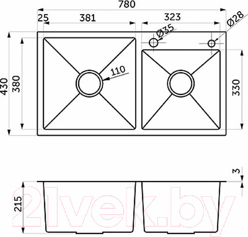 Изображение товара Мойка кухонная AKS Прямоугольная 78x43 правая (сатин)