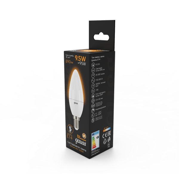 Изображение товара Лампа Gauss Свеча 9.5W 890lm 3000К E14 / 103101110