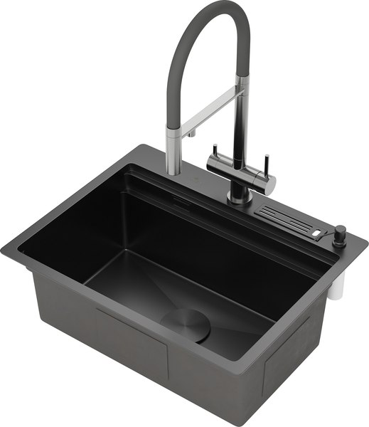 Изображение товара Мойка кухонная Roxen Stage 560250-60B PVD с коландером и дозатором (графит, с держателем для ножей и разделочной доской)