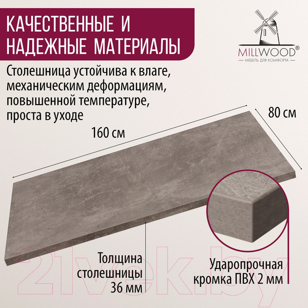 Изображение товара Столешница для стола Millwood Л ПФ 160x80x3.6 (бетон)