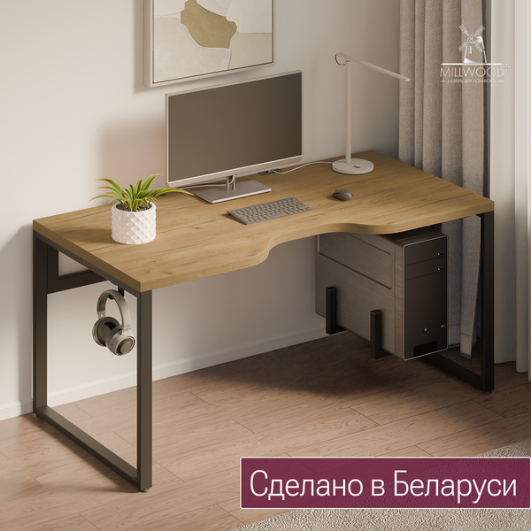 Изображение товара Компьютерный стол Millwood Каир 2 с вырезом 160x80x74.2 (дуб золотой Craft/металл черный)