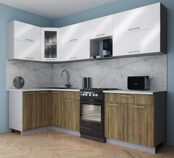 Изображение товара Кухонный гарнитур Интерлиния Мила Gloss 50-12x27 (белый глянец/дуб вотан/травертин серый)