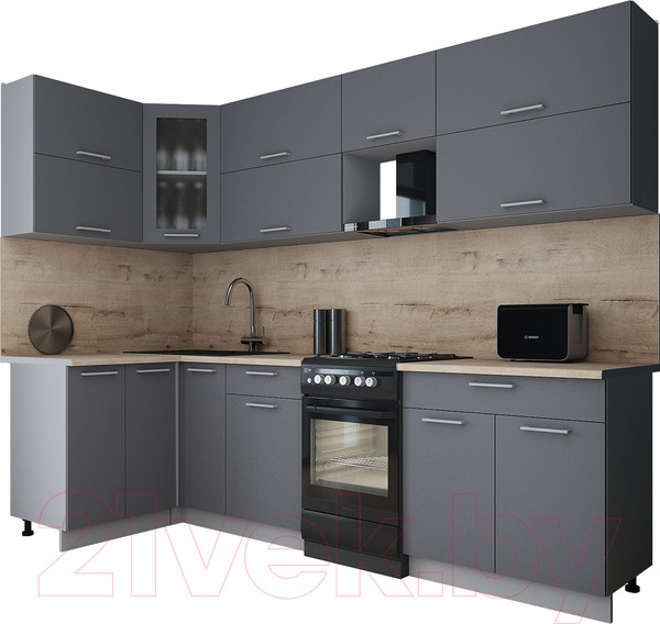 Изображение товара Кухонный гарнитур Интерлиния Мила Gloss 50-12x27 (серый/серый/травертин серый)