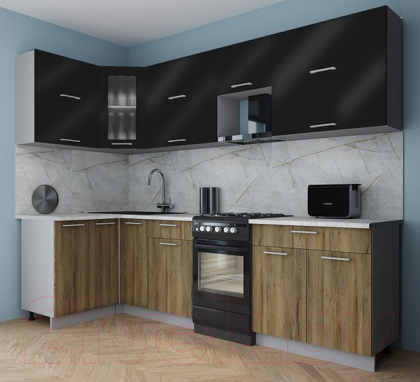 Изображение товара Кухонный гарнитур Интерлиния Мила Gloss 50-12x27 (черный глянец/дуб вотан/травертин серый)