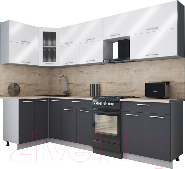 Изображение товара Кухонный гарнитур Интерлиния Мила Gloss 50-12x28 (белый глянец/пепел/травертин серый)
